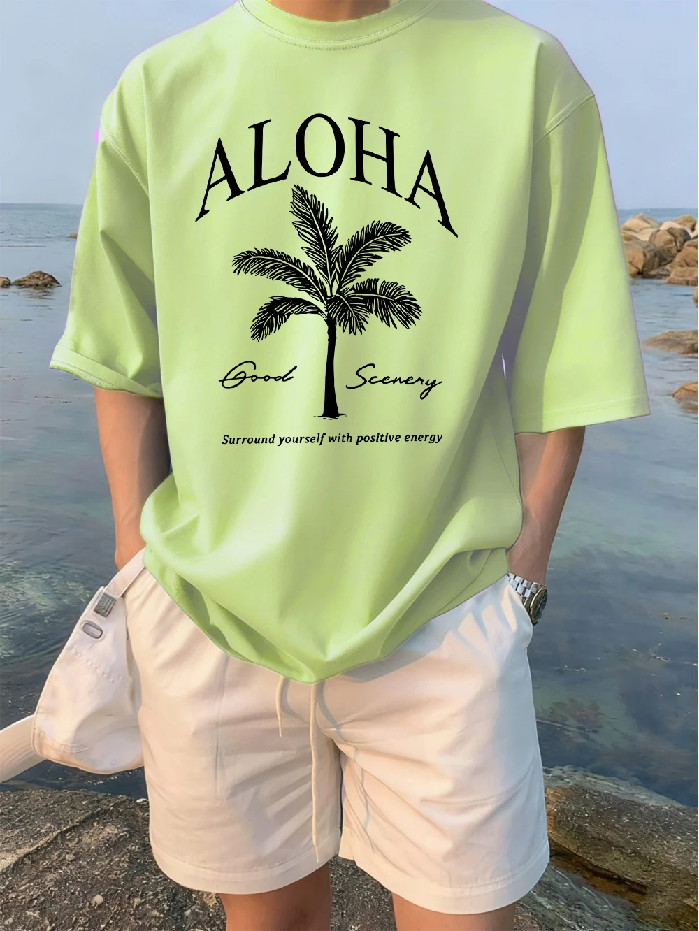 Aloha Coconut Tree Good Scenery Printed Man All-Match T-Shirts Basic O-Neck Top Cotton Loose Clothes Street Hip Hop Sportswear