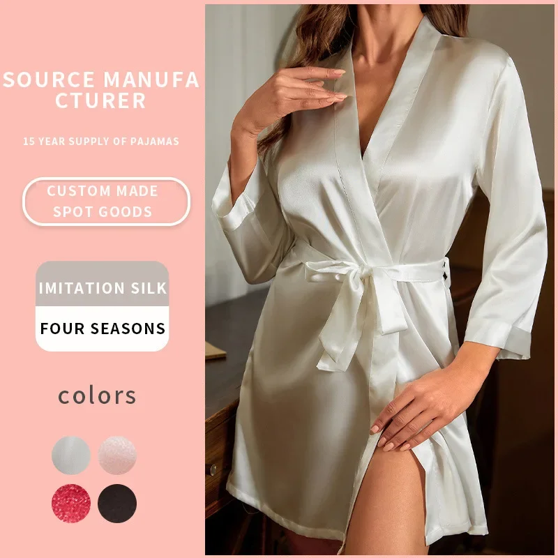 

Solid Color Silk Mid Sleeved Women's Nightgown Summer Short Nightrobe Lace Up Tassel Bathrobe Thin and Sexy Pajamas