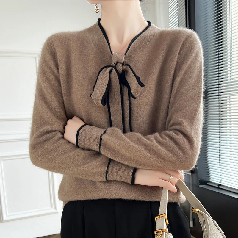 Женский свитер из 100% мериносовой шерсти с галстуком-бабочкой и цветными блоками, модный вязаный пуловер с длинными рукавами, кашемировый мягкий теплый топ одежды