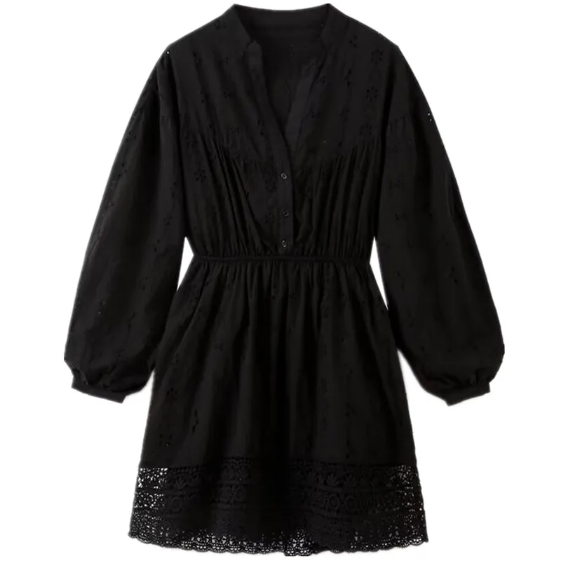 가을 겨울 신상 여성 롱 스웨터 V넥 자수 홀로우 아웃 디자인 출퇴근용 100% 기타 소재