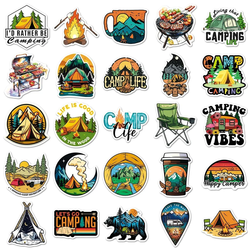 50 Sheets Trendy Camping Tent Waterproof Sticker Outdoor Activity Graffiti Decals Resin Friendly for DIY RecordingYourLife Store