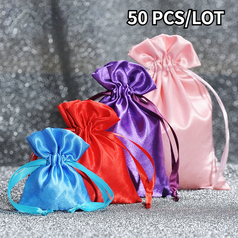 50 Pcs/Lot Drawstring Satin Bags for Christmas New Year Party Smooth Touching Silk Gift Fabric Package Pouch