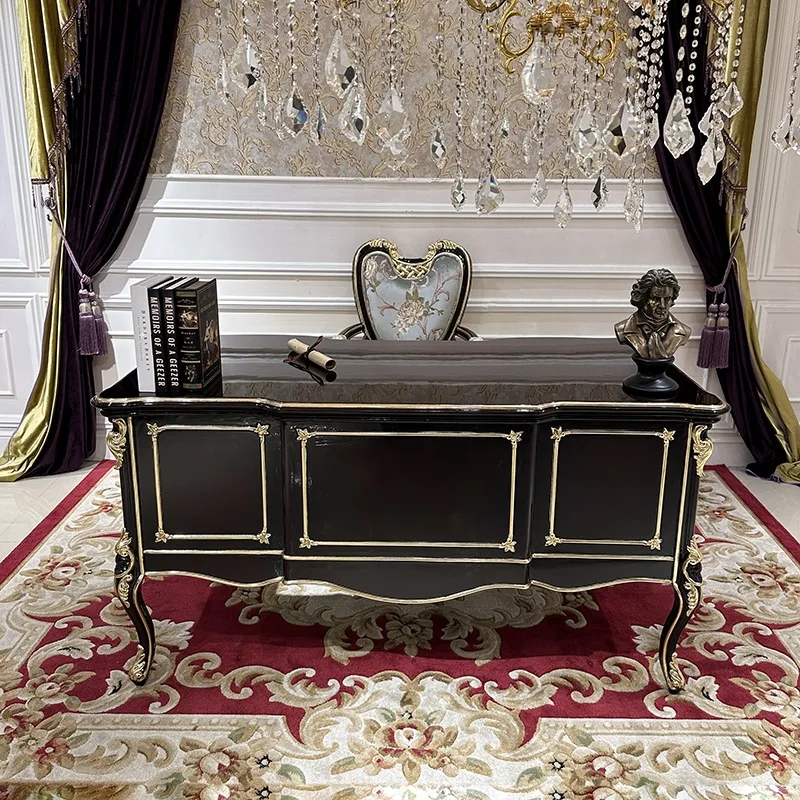 French desk, European desk combination computer desk gray storage study solid wood carving flower