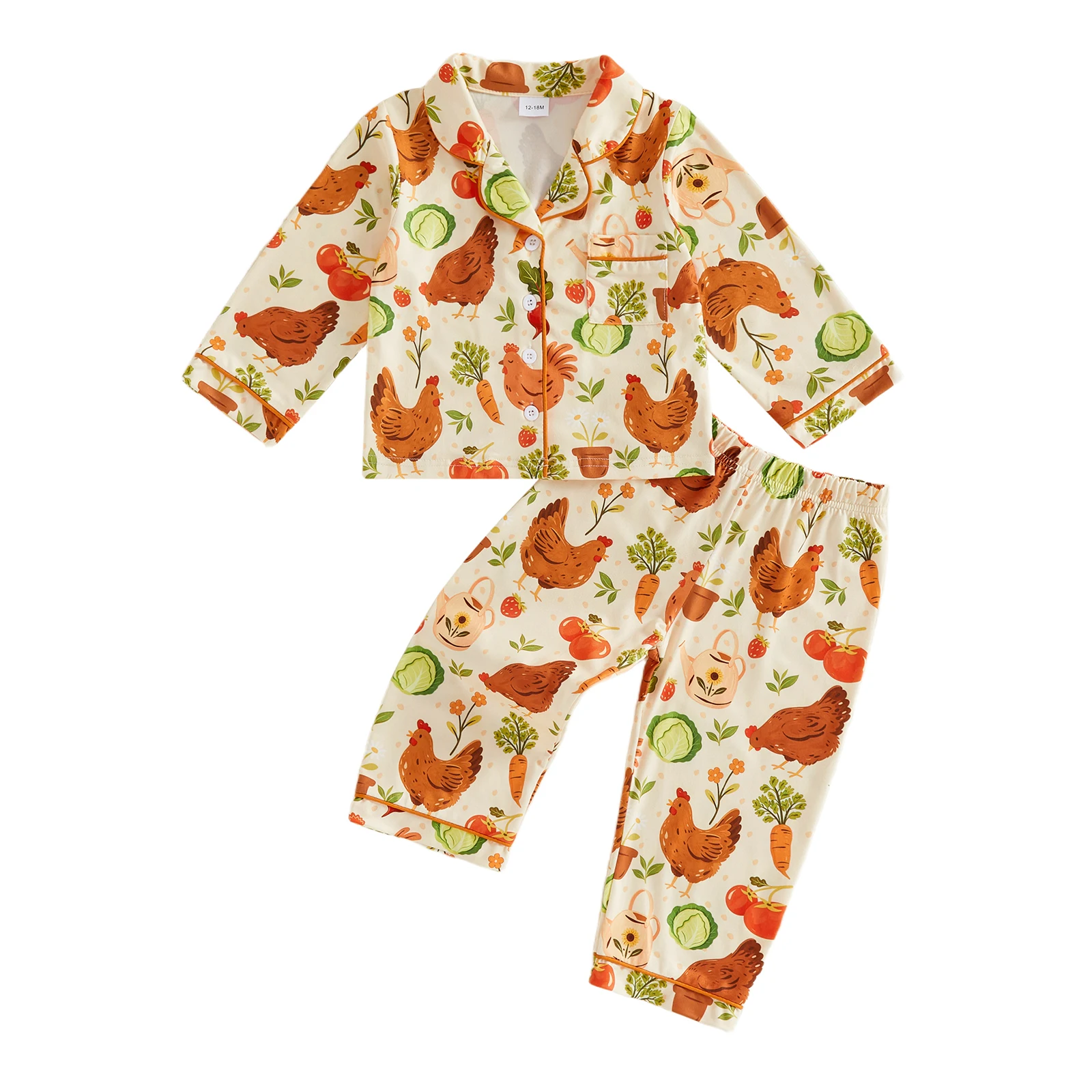 New Early Autumn Kids Collared Long-Sleeve Button-Front Top Elastic-Waist Casual Pants Rooster-Print Halloween Casual Pajama Set