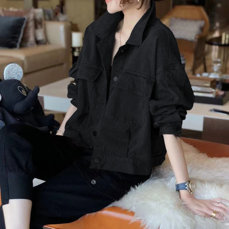 

Женская однотонная черная джинсовая куртка с длинными рукавами весна-осень 2024, короткая свободная посадка, универсальный топ премиум-класса, высокое качество