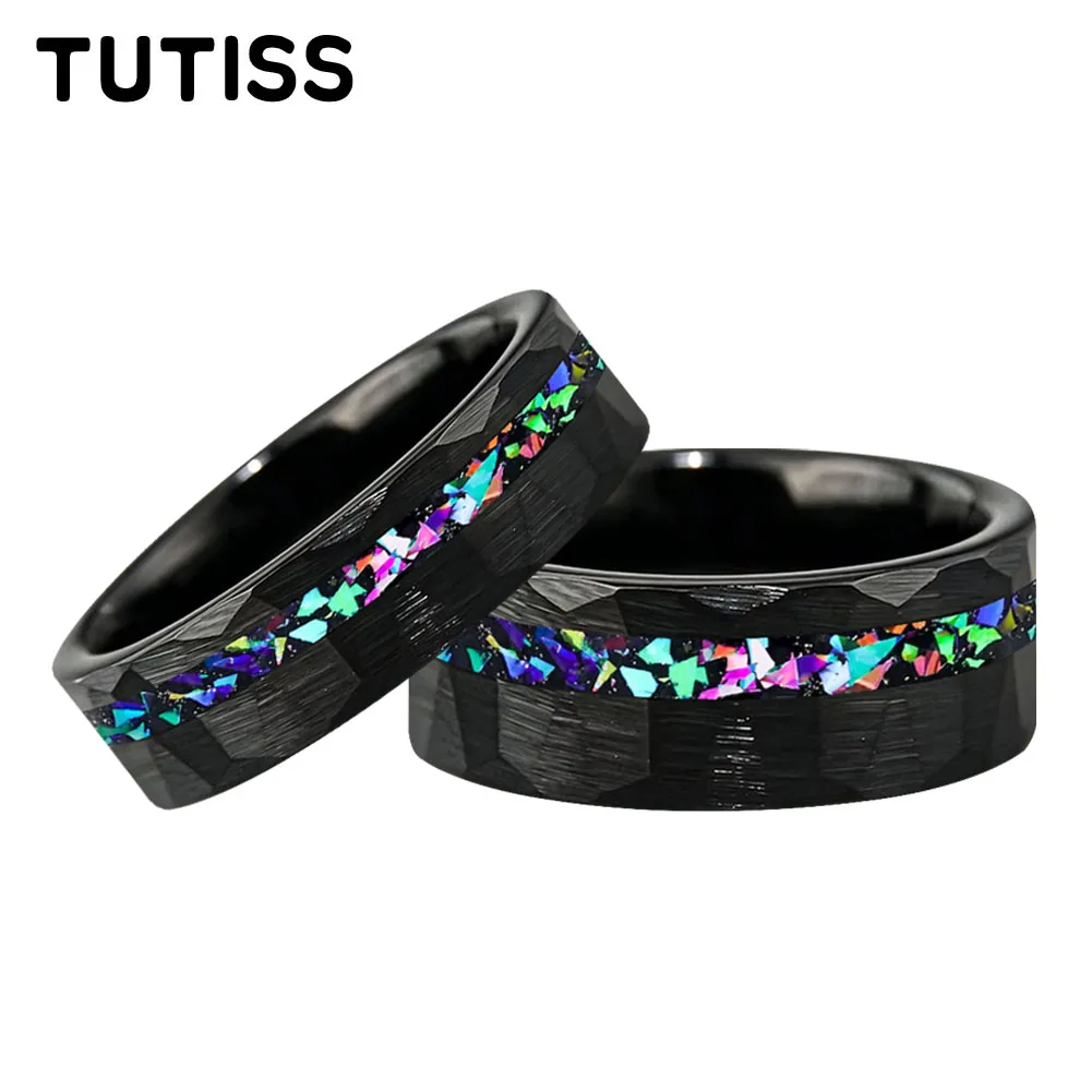 TUTISS 6/8mm Black Hammered Offset Groove Inlaid Galaxy Opal Tungsten Carbide Ring, Couple Ring, Anniversary Commemorative Ring