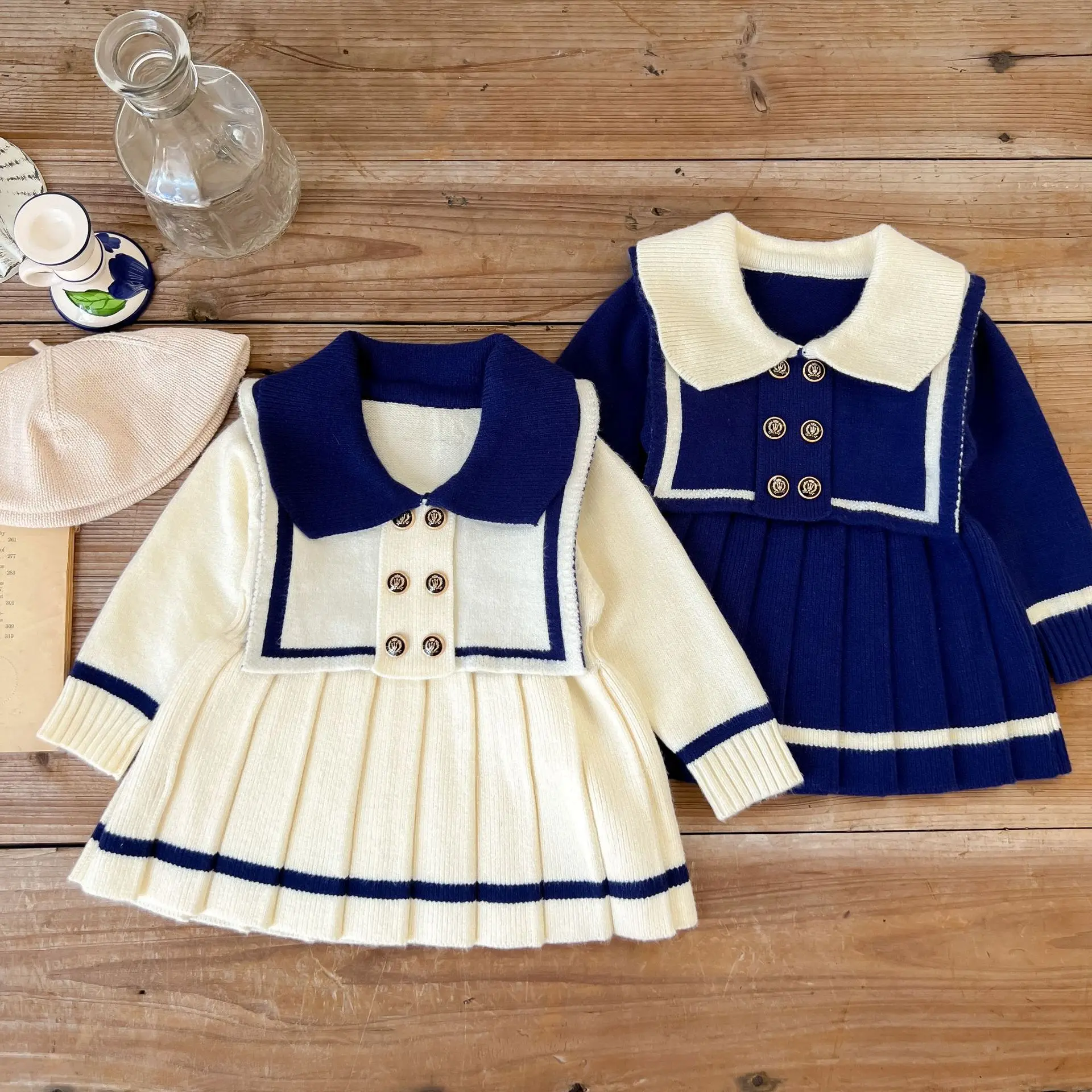 

Kids Dress for Girls Baby Casual Sweater Dress for Kids Sailor Collar Knitting Pleats Dress Vestidos Autumn Costume for Girl