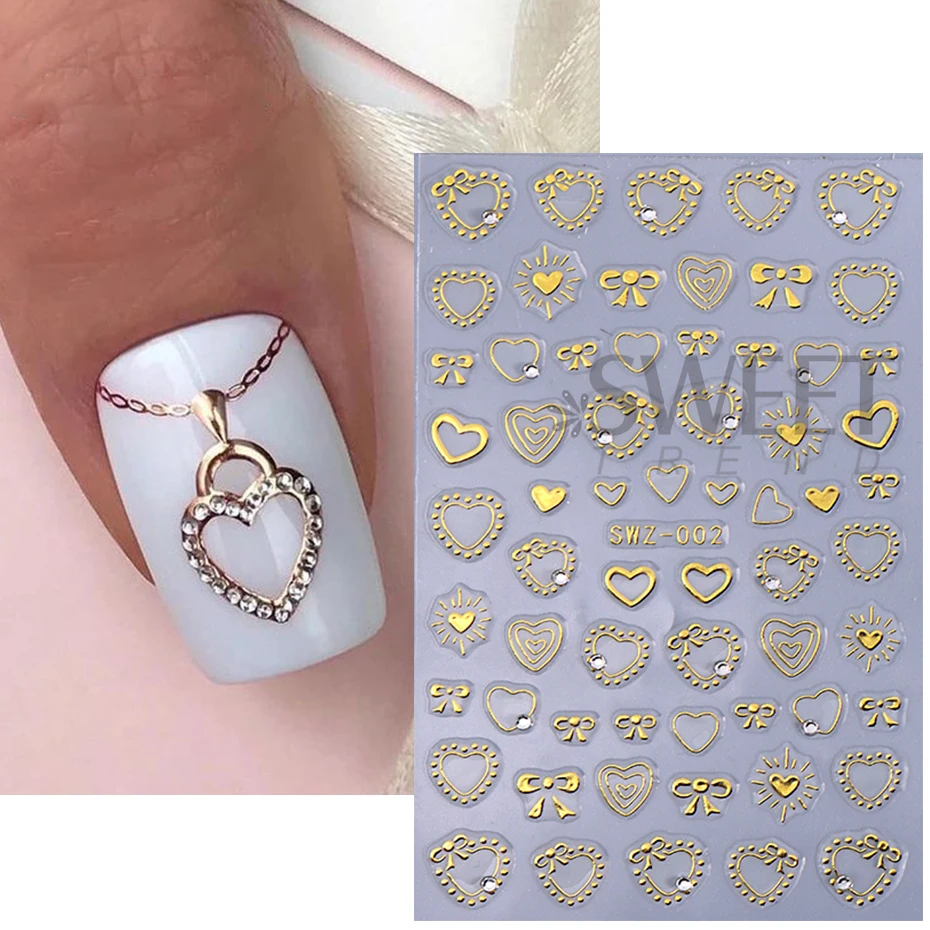 3D Bronzing Gold Liebe Herz Nail art Aufkleber Valentine Design Key Lock Bogen Klebe Sliders Nagel Aufkleber DIY Maniküre Dekoration