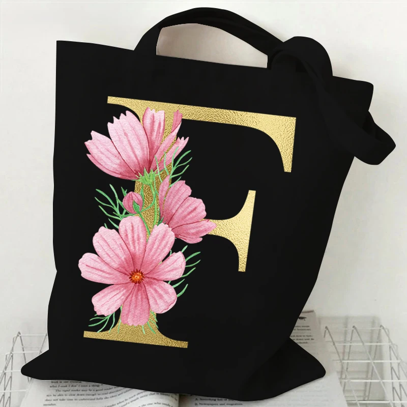 26 Golden Alphabet Floral Tote Bags for Women Large Capacity Canvas Casual New Flower Alphabet Printed Female Reusable Handbag