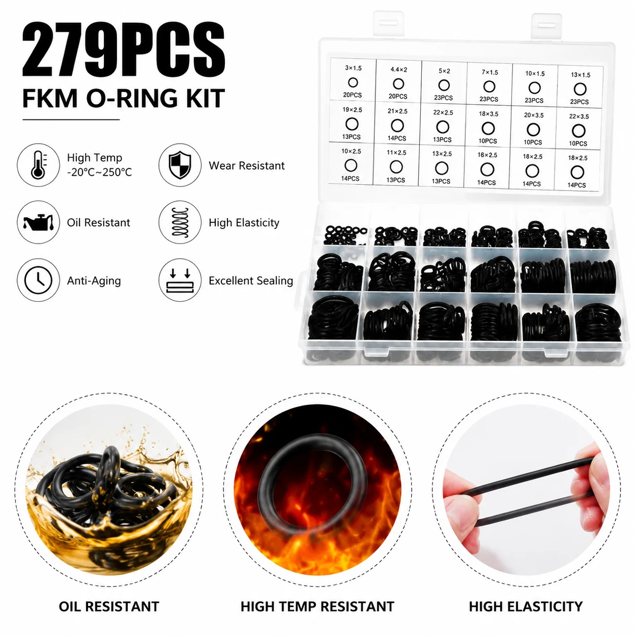 279 Pieces of NBR Sealing Kit Rubber Ring CS 1.5-3.5mm Outer Diameter 3-22mm Plumbing Hydraulic System Leak Sealing Kit