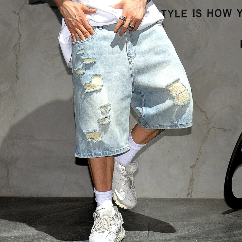 Summer High Quality Vintage Ripped Denim Shorts Men\'S Clothing Hip Hop Jorts Streetwear Blue Shorts Korean Fashion Baggy Jeans