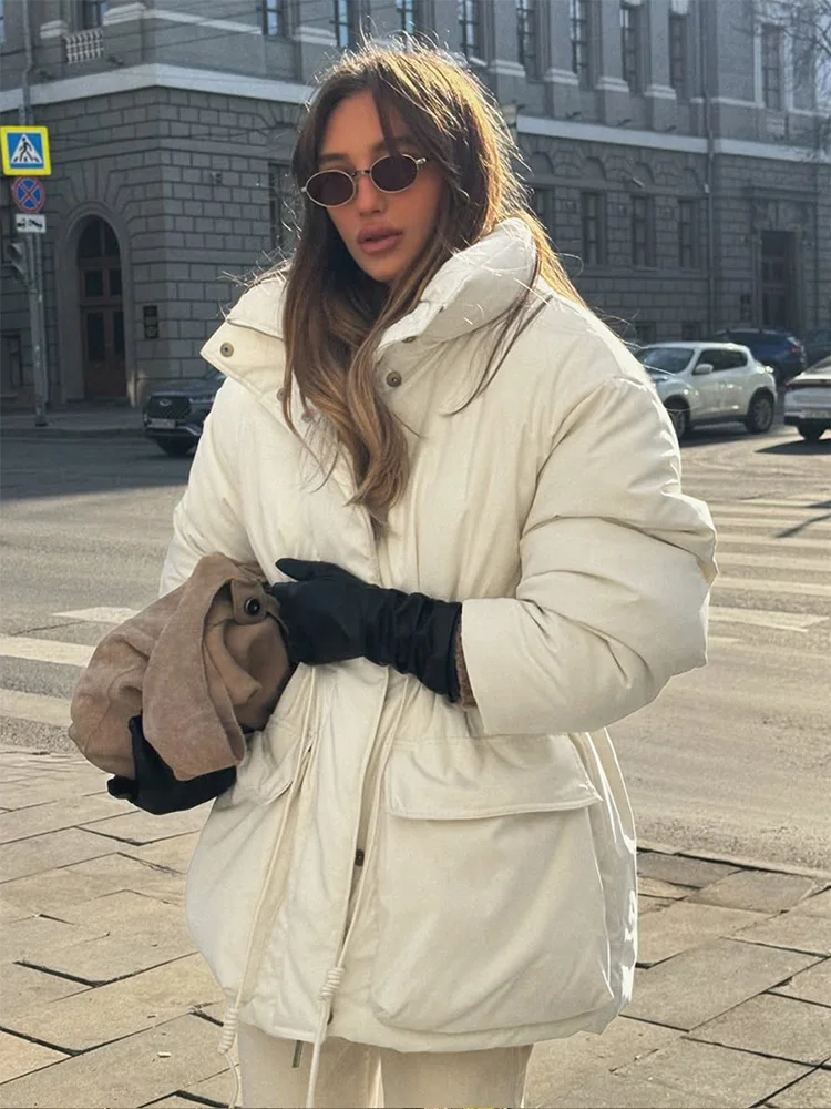 Trendix 2025 Winter Warm Jacket Women White Pocket Lace Up Long Sleeve Parkas Femme Autumn Fashion Office Commuting Warm Coat