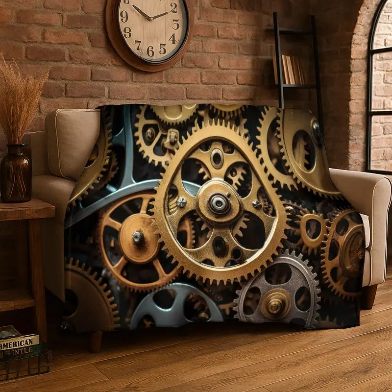 Retro Gears Mechanical Cogs Flannel Blanket Soft Warm Throw Blanket for Bedroom Living Room Bed Travel Camping Picnic Cover Gift