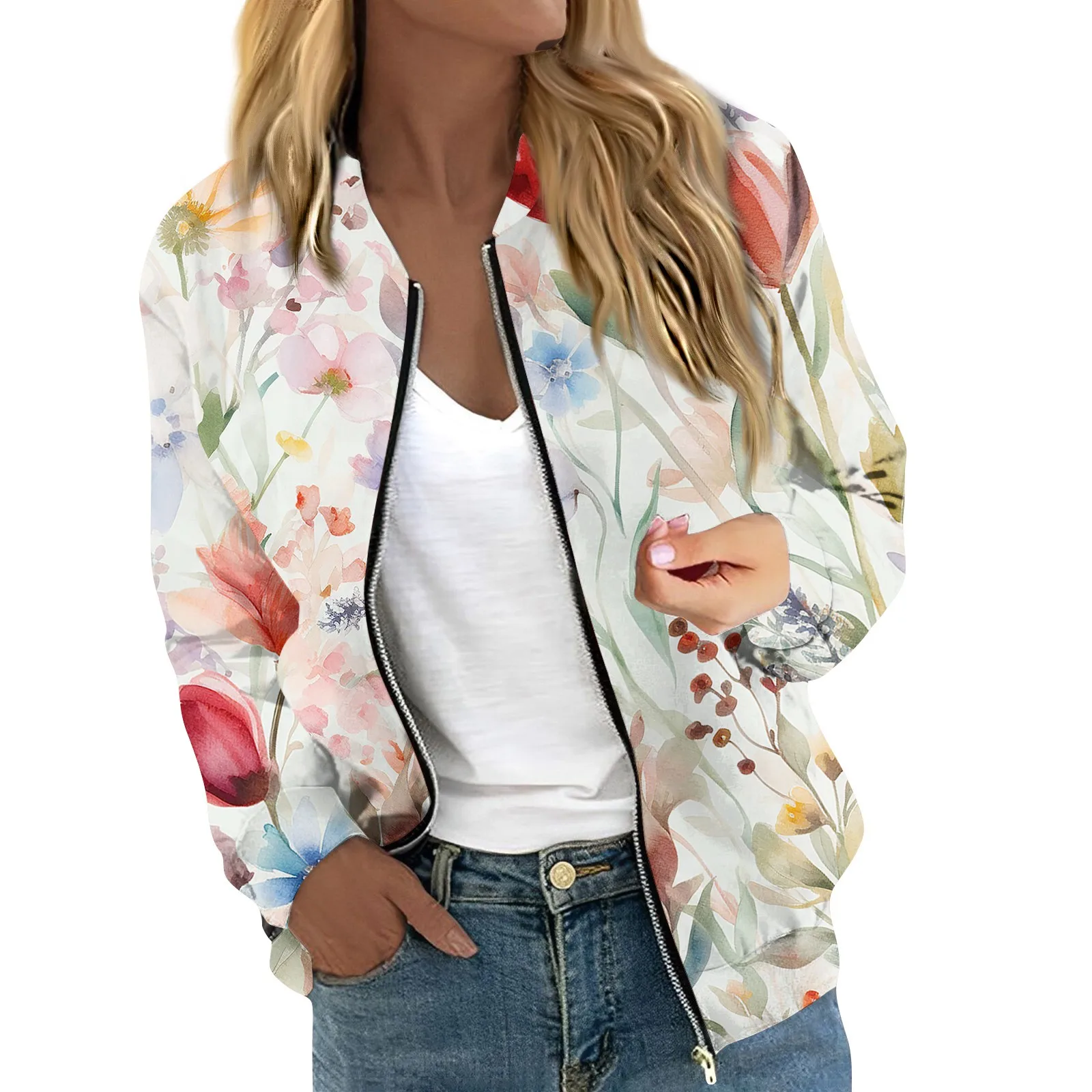 Women Elegant Zipper Bomber Jackets Spring Autumn Floral Printed Jackets Casual Coat Retro Outwear  Round Neck Zipper Jackets