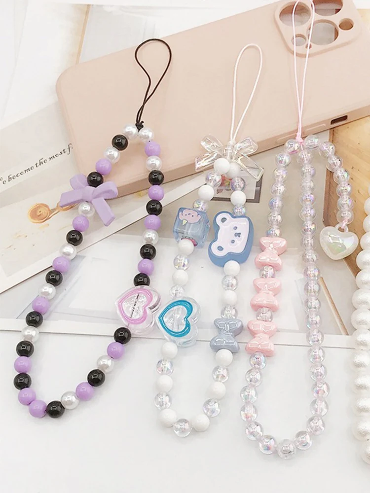 Cute Bear Bow Knot Mobile Rope Keychain Lanyard Phone Beaded Chain Handstring Pendant Wallet Strap Short Anti Drop Acrylic