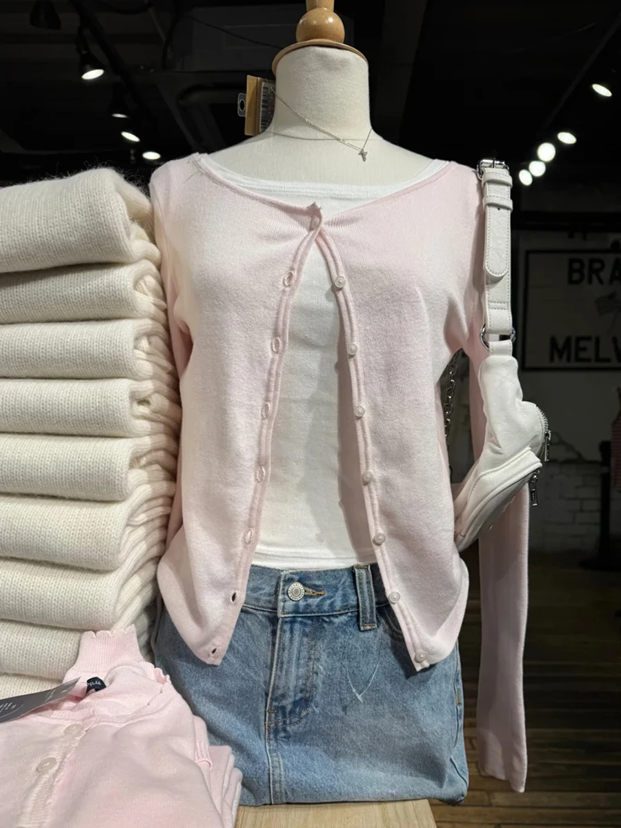 

Eyelet Pink Knitted Long Sleeve Sweater Cardigan Autumn O-neck Single Breasted Cotton Knitwear Female Simple Sweet Cute Crop Top