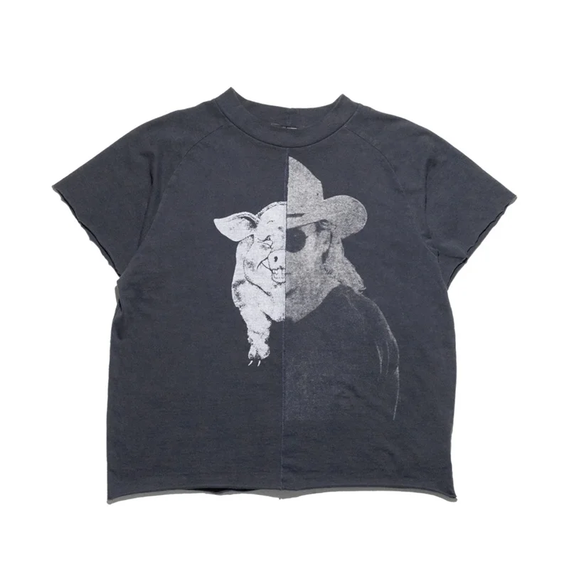 Summer 2024 Short Sleeved T-shirt For Men Japanese Vintage Heavyweight Top Anime Patterned Oversized High-Quality Junk Pig