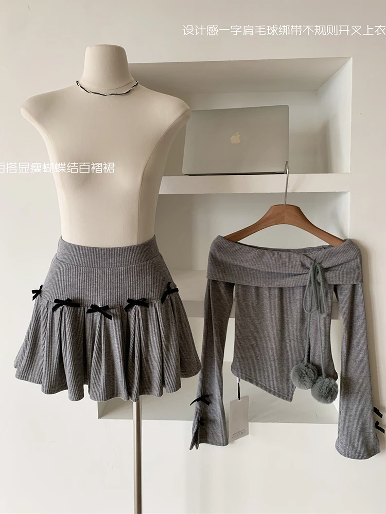 Women\'s Grey Skirt Sets 90s Vintage Long Sleeve T-shirt with A-Line Mini Skirts Y2k Elegant Two Piece Suit 2000s Clothes 2024