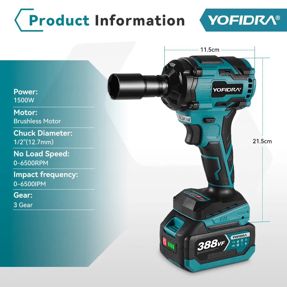 YOFIDRA 1/2" 1000N.M Brushless Electric Impact Wrench Handheld Cordless Car Screwdriver Drill Socket Set for Makita 18V Battery