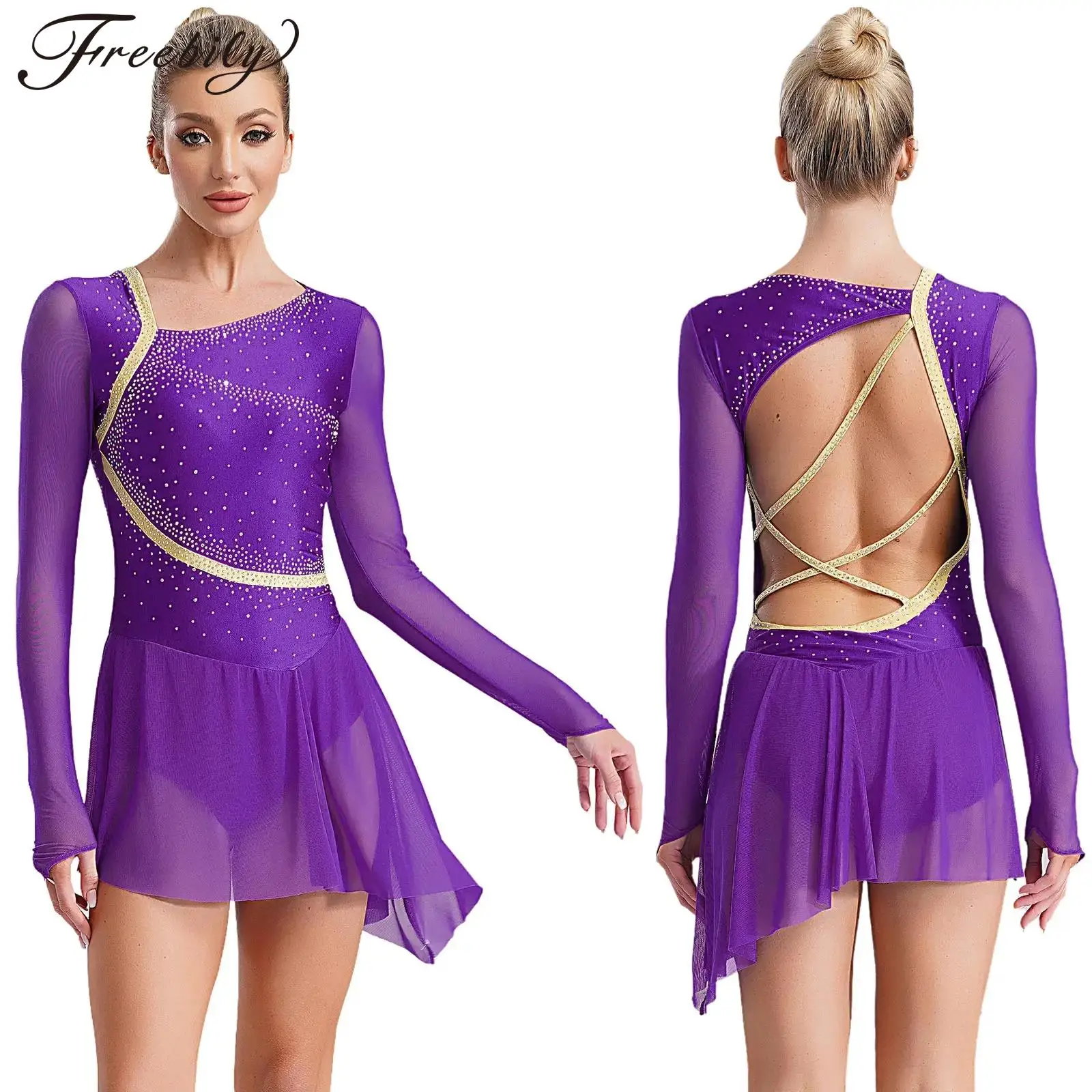 

Женское лирическое балетное танцевальное платье с длинными рукавами и блестящими стразами, современное танцевальное платье, танцевальный костюм для фигурного катания на коньках, танцевальная одежда