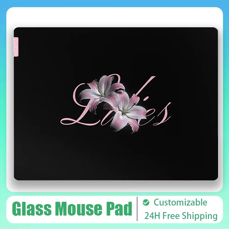 Glass Gaming Mouse Pad Lilies Flower Black White Desktop Mats Micro Etched Honeycomb Surface Smooth For E-Sports Glass Mousepad
