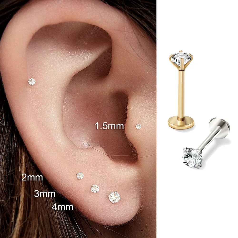 2/8 pçs de aço inoxidável earring nariz parafuso prisioneiro cartilagem piercing jóias helix tragus lábio cor ouro brincos minúsculos para mulher 18g