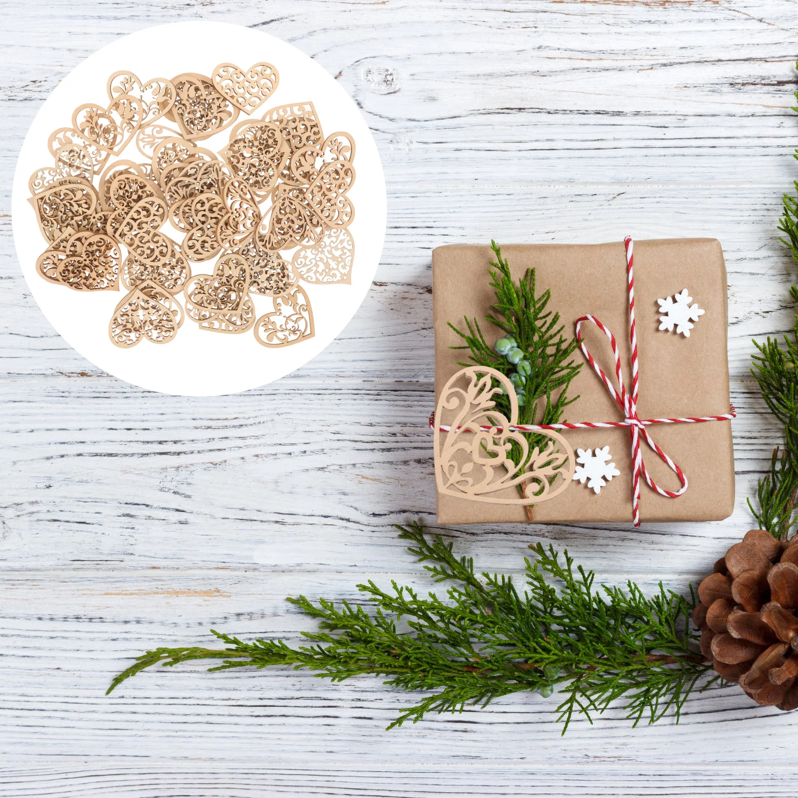 

100pcs Wooden Heart Shape Slices Hollow Out Craft Decor Diy Party Home Christmas Tree Wall Hanging Premium Durable Safe Family