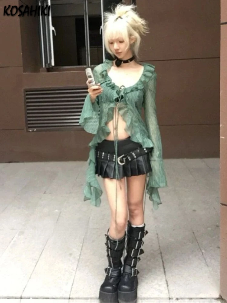 Japanische y2k Spitze Hemd Vintage 1920er Jahre Stil Rüschen Blusen Grunge Ästhetik unregelmäßige grüne Hemden Retro 90er Jahre sexy Strickjacke