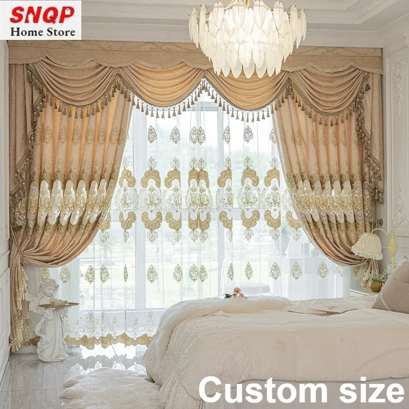 

European Style Chenille Blackout Curtains for Living Room Embroidery Luxury Bedroom Dining Study Hall Retro Decor Custom Size