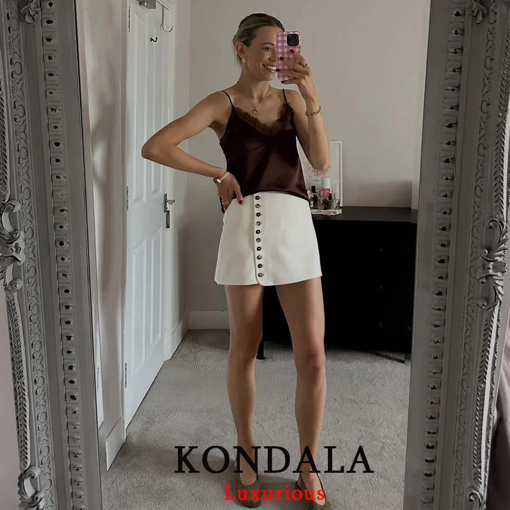 KONDALA Sexy Chic Brown Satin Lace Tops V Neck Backless Short Tops Fashion 2025 Fall Evening Club Women Party Tops