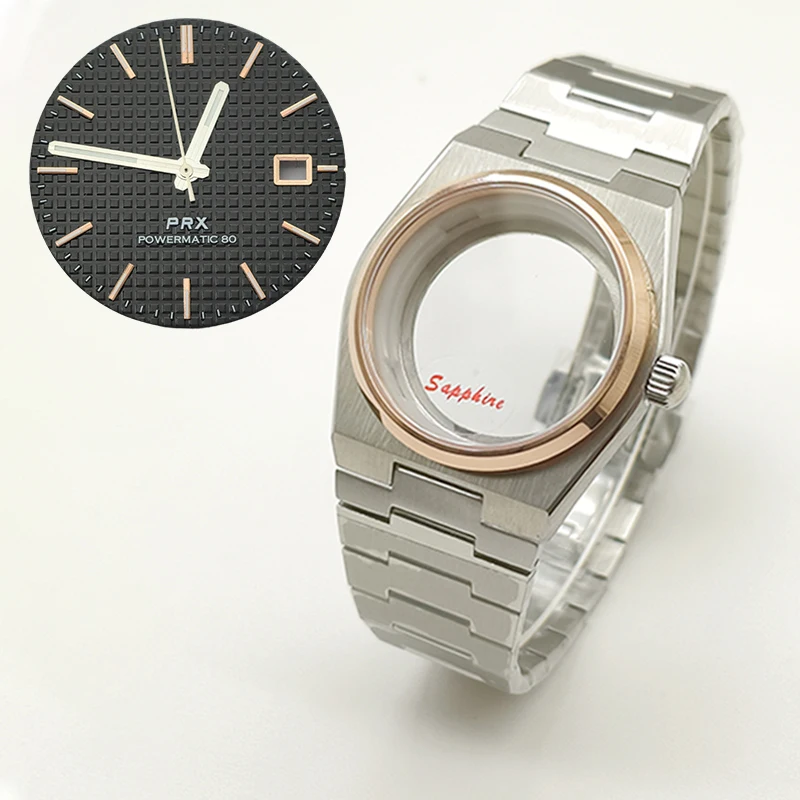 Obudowa zegarka 40mm w kolorze różowego złota PRX Super Player, szkło szafirowe, do mechanizmów NH35, NH36, NH38, 7S26, 4R, wielokolorowa tarcza, wskazówki, części zamienne do tuningu.