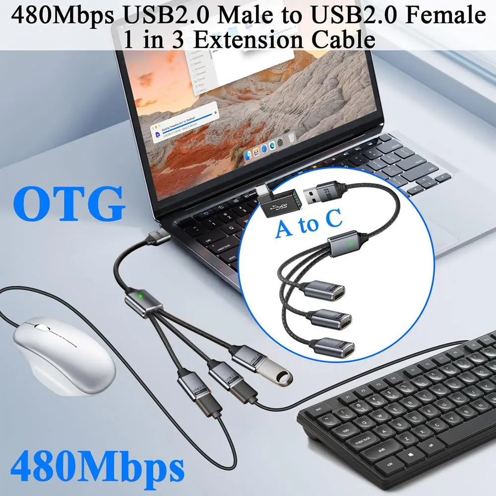 3 في 1 OTG كابل الفاصل USB نوع C إلى 3 منافذ USB أنثى شحن سريع نقل البيانات محور USB2.0 تمديد محول كابل