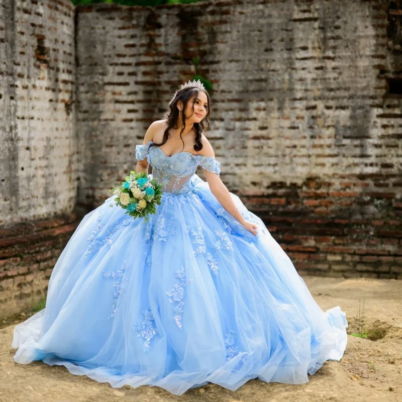 

Customized sky blue Quinceanera Dresses Off the Shoulder Sequin decal 3D flower Tull Bow Long tail Vestido 15 Quinceanera