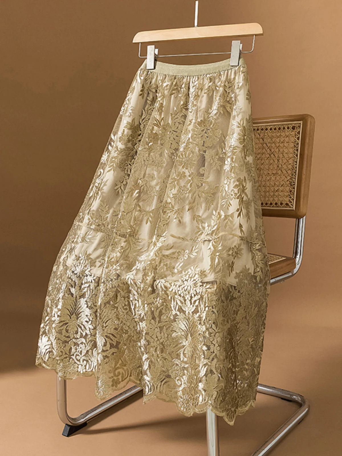 

Elegant Lace Hook Embroidery Mesh Half Skirt Women's Summer Fashion plus Size Slimming High Waist A-Line Midi Skirt