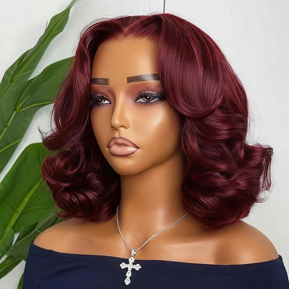 99J Burgunderrote kurze Bob-Perücken aus Echthaar, Body Wave, 13x4 HD-Spitzenfrontperücke, 16-18 Zoll, Remy 7x5, kleberlose Echthaarperücken für Damen