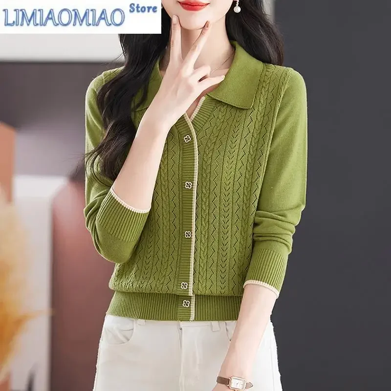 

Корейская женская одежда, свитер с отложным воротником и длинными рукавами, вязаный пуловер на пуговицах, офисные женские универсальные топы с резьбой