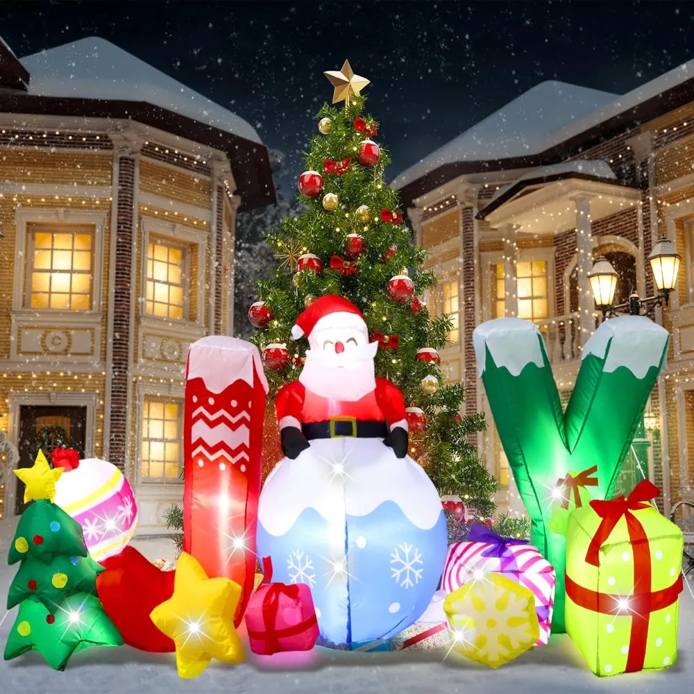 

7 Pcs LED Christmas Inflatables Outdoor Decorations 6.6 Ft Inflatable Joy Santa Claus Large Christmas Blow up Decor for