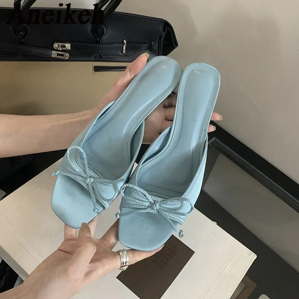 Aneikeh 2024 New Comfortable Low Heel Square Head Sandals Sweet Bow Silk Thick Heel Slippers for Ladies Outwear Blue Slides