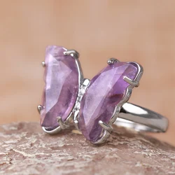 Gold Color Crystal Ring Natural Gemstone Butterfly Rings for Women Amethysts Lapis Lazui Pink Quartz Adjustable Engagement H125