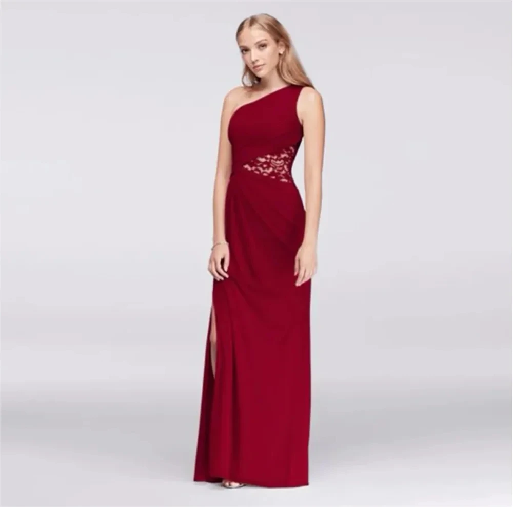 

Romantic Red Chiffon Mermaid One-Shoulder Side Slit Dress with Lace Custom Wedding Evening Formal Gowns Dresses For Women