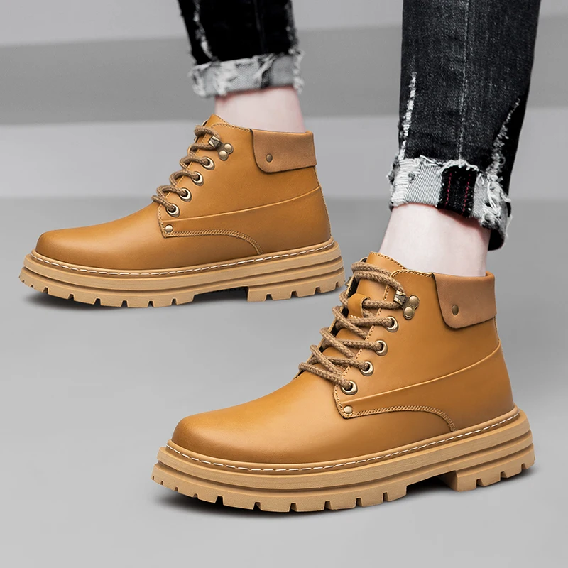 Mens heightening shoes thick sole mid top design leather material water resistant height increase of 6 centimeters mens shoes