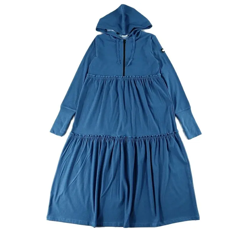 Vestido largo plisado de manga larga para mujer, jersey con capucha, ropa de primavera con cremallera, línea A, Midi, Maxi, para el dedo con