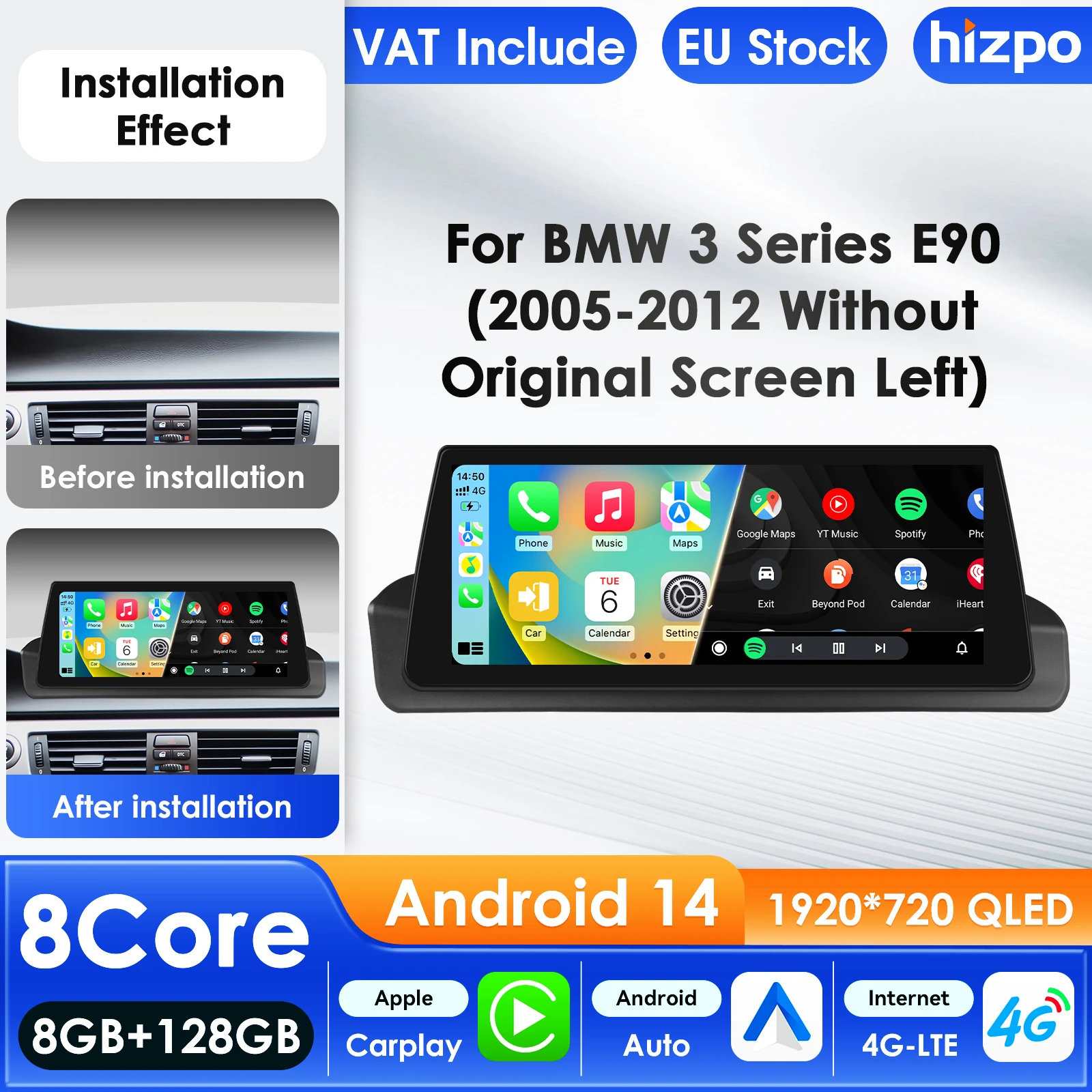 Hizpo 4G AI Systeme Android 14 Autoradio für BMW 3er E90 2005-2012 Linker Antrieb Multimedia Video Player GPS 2 Din Autoradio