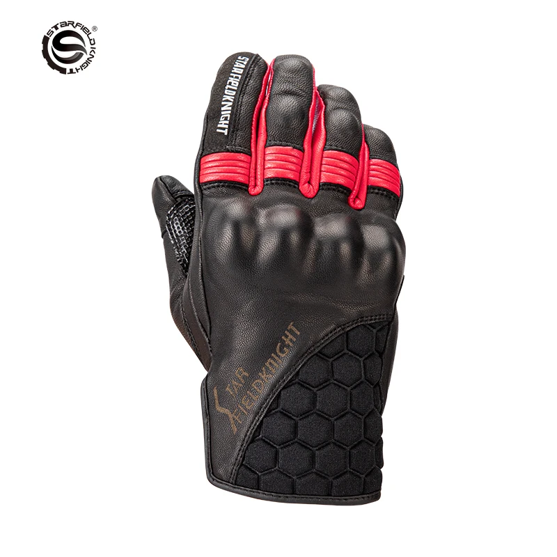 SFK Black&red Motorcycle Gloves Real Goatskin Leather Non-slip Gloves Carbon Fiber Protection Gears Breathable Wear-resistant