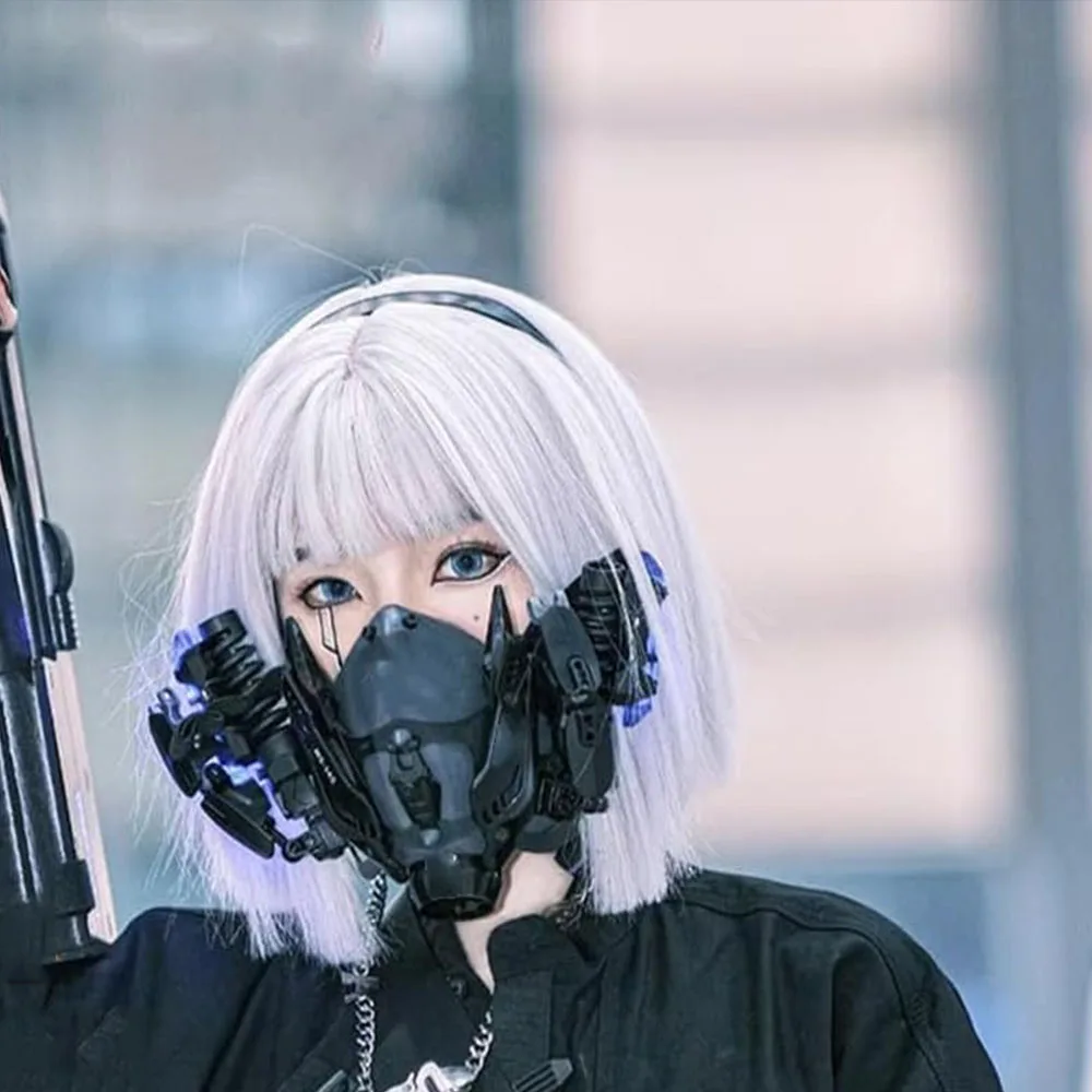 قناع نصف قناع الخيال العلمي للهالوين، قناع فلاش، زي تنكري LED، دعائم باعثة للضوء، ملحقات قناع الخيال العلمي الميكانيكي (أزرق)