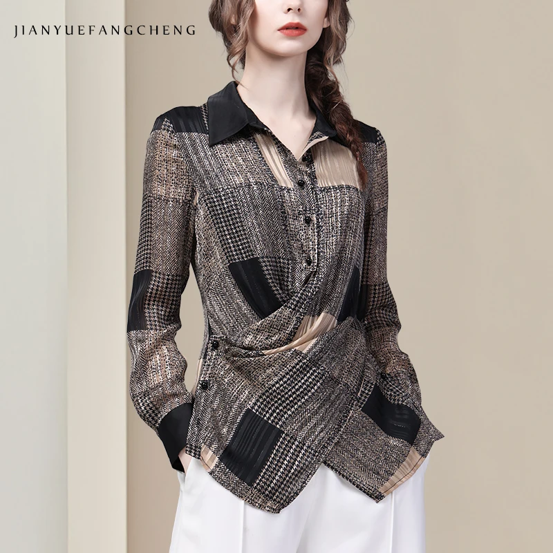 

2025 Women's Spring Chiffon Blouse Vintage Checked Pattern Long Sleeve Turn-down Collar Shirt, Stylish Crossed Skinny Top