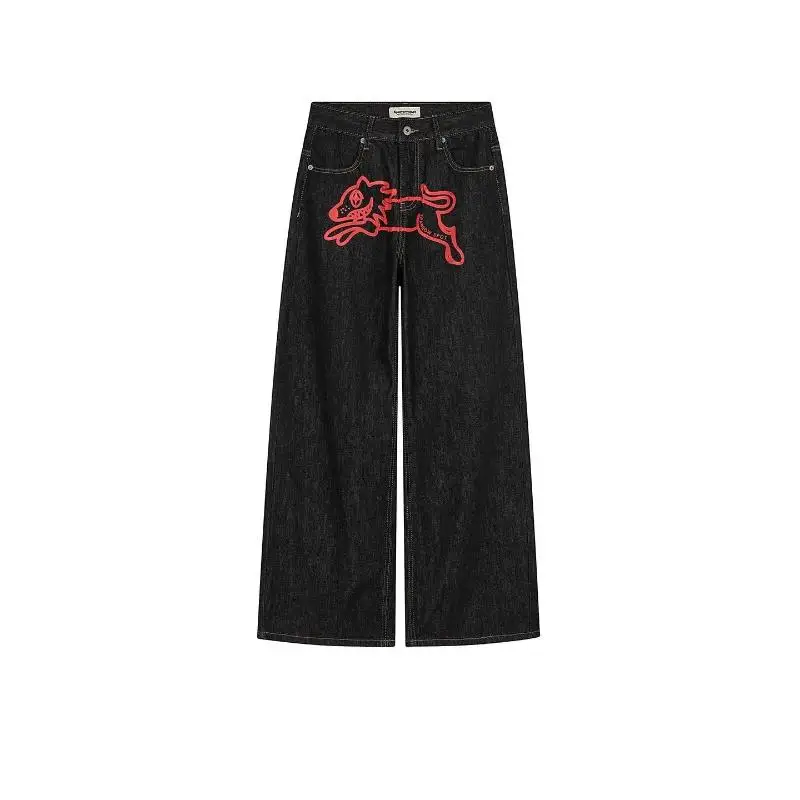 

American Retro Dog Print Jeans Loose Casual High Waist Slimming Floor-Length Wide Leg Pants Unisex Street Style Jeans
