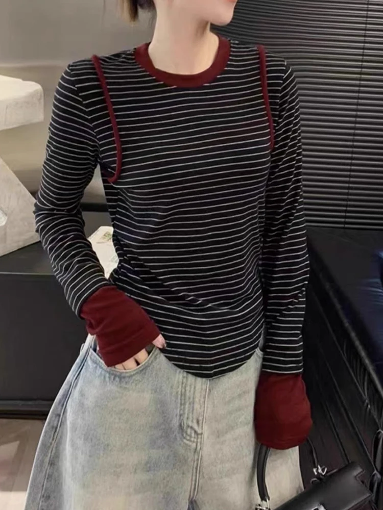 

Autumn Winter round Ne Striped Color Blo Design Knitted Base irt Long Sve Overhead Top High End Feeling plus Size Wo...