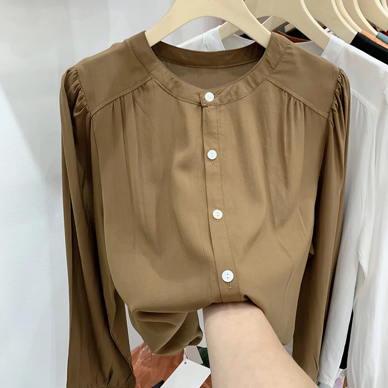 

Дизайнерская женская блузка с длинным рукавом, однотонная, весенне-осенняя, модная, омолаживающая, с воротником, в корейском стиле, с эффектом пузырьков