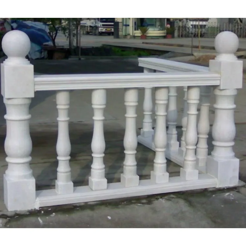 Designer custom hand-carved white marble railing pillar modern stair railing